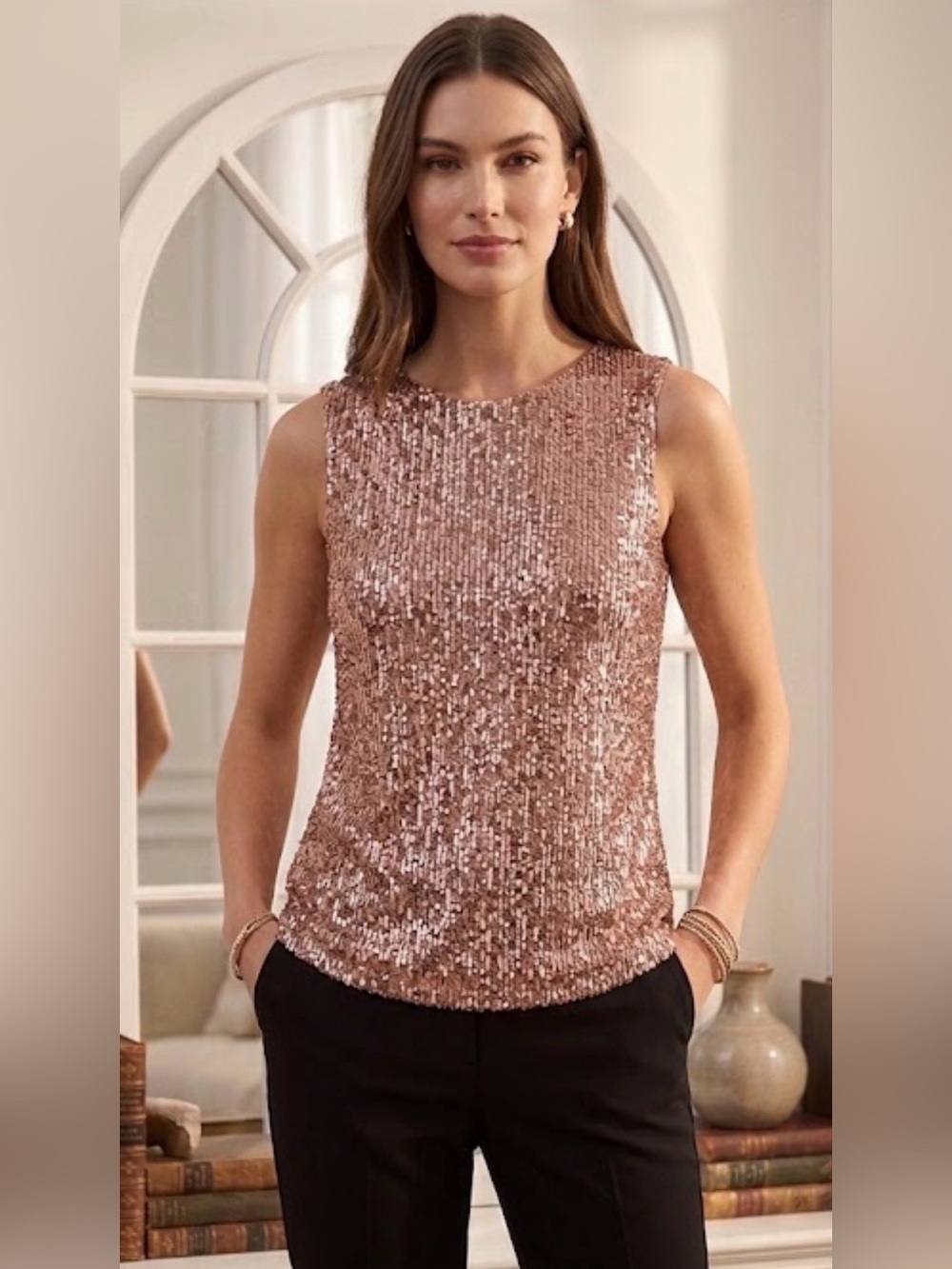 DKNY Rose Gold Sequin Blouse top Women’s Large with keyhole in the back. Shimmer